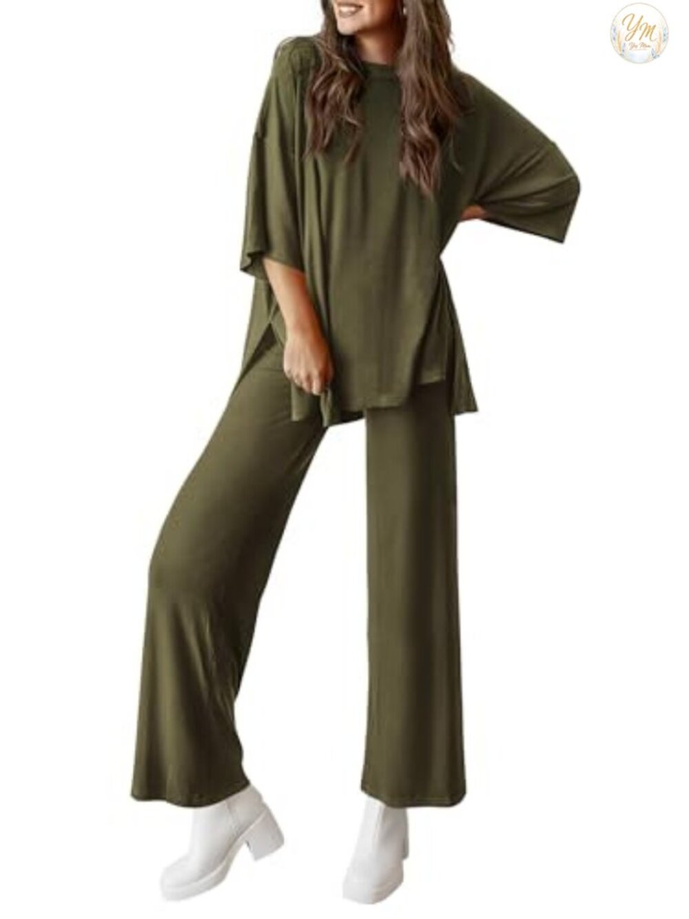 2 Piece Lounge Set Women Knit Matching Tracksuit Wide Leg Pants Short Sleeve